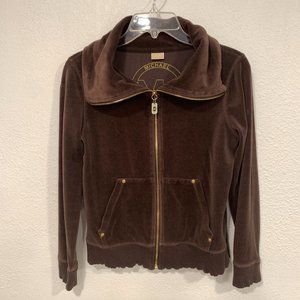 Michael Kors Full Zip Sweatshirt Dark Brown Stretch Velour Womens Petite Size PS